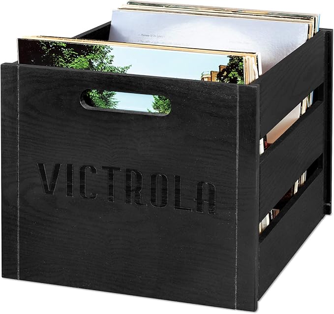 Victrola Wooden Record Crate – Tabletop Vinyl Album Holder, No-Tool Assembly, Holds Over 50 Records, Real Wood Construction, Elegant Design (Black)