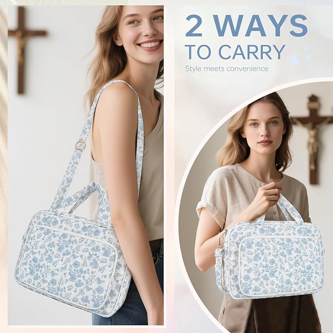Bible Cover Case for Women Bible Study Supplies Church Camp Essentials Christian Gifts for Women Journaling Kit Quilted Large Bible Book Sleeve (Blue Flower, Large)