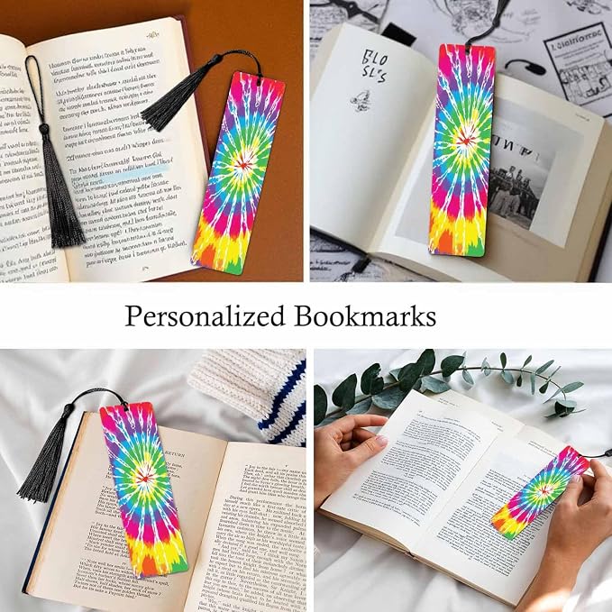Tie Dye Bookmarks Set 5 with Tassels Rainbow Rendering Wooden Bookmarks for Reading Women Men Students Teachers School Supplies