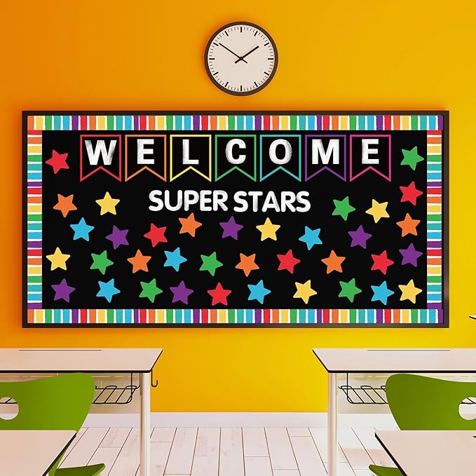 JarThenaAMCS 83Pcs Welcome Banner Bulletin Board Decoration Super Stars Paper Cutouts with 200Pcs Glue Points Colorful Bulletin Border Stickers for Back to School Office Home Decor