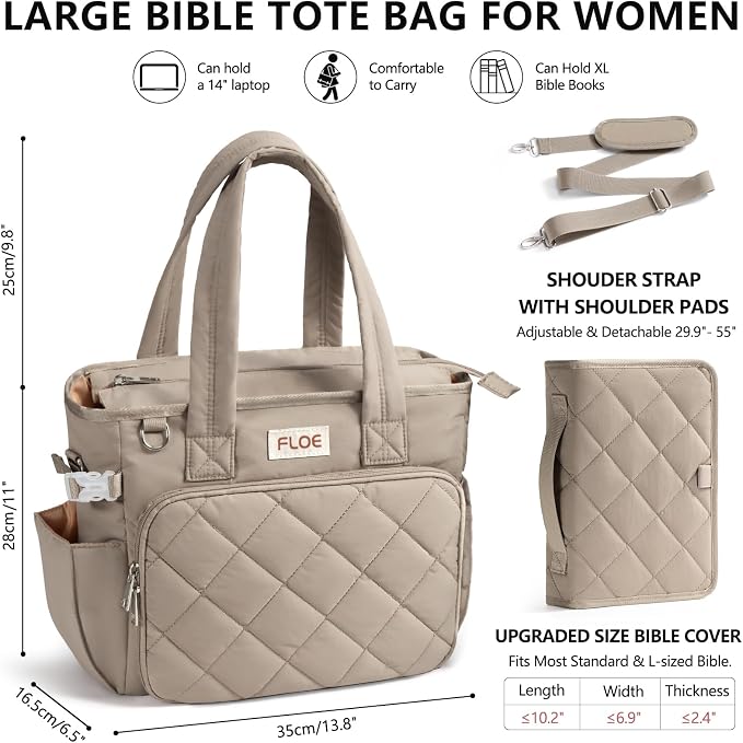 Large Bible Bag w/Bible Cover Case for Women, Puffer Bible Tote Bag Quilted Church Bag Carrying Case w/Shoulder Strap, Bible Study Supplies Journaling Kit Accessories Women Christian Mothers Day Gifts