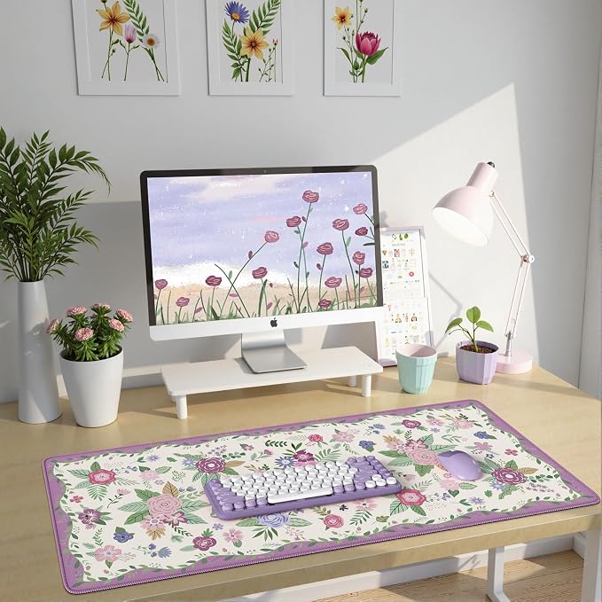 HAOCOO Purple Desk Cover Mat, Cute Large Mouse Pad with Stitched Edges, Non-Slip Waterproof Keyboard Mat, Office Supplies & Desktop Decor, Desk Pad Mat for Women Office Organizers