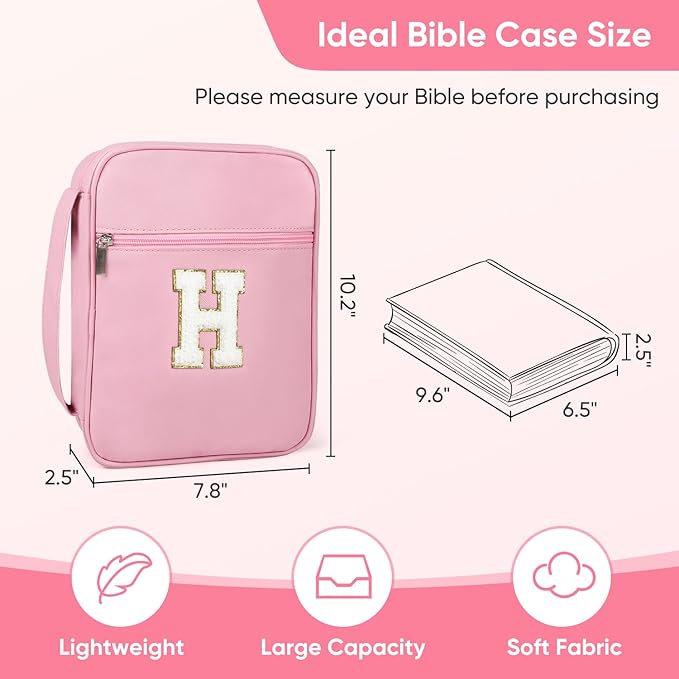 Bible Covers for Girls, Fruobeyla Pink Bible Cases for Woman PU Leather Bibles Carrying Case for Women, Large Bibles Tote Bags with Handle and Zippered Pocket for Kids, Pink (Letter H)