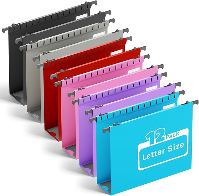 Ansook Extra Capacity Plastic Hanging File Folder Letter Size,Heavy Duty 2" Expansion Hanging Folder with Tabs,12 Pack Reinforced Hanging File Organizer,Filing Cabinet Folders for Office Bulk Files