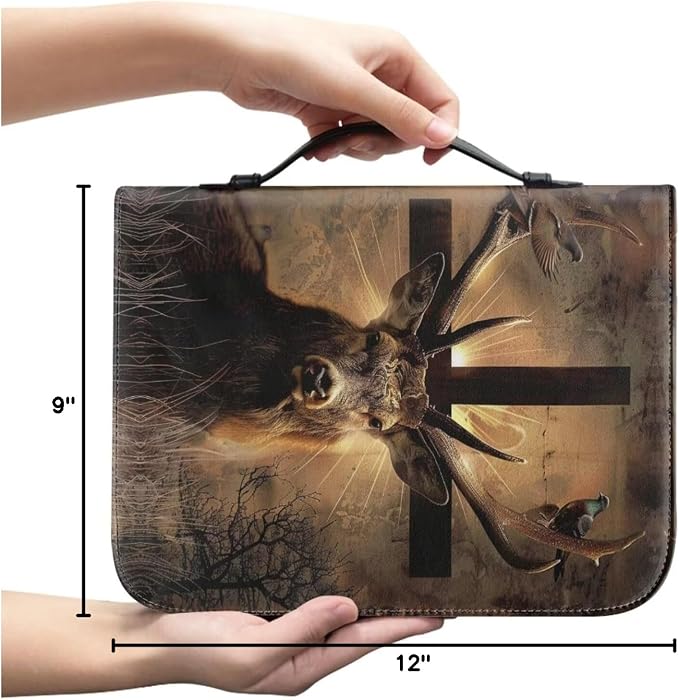 Leather Bible Cover for Men/Large Bible Case/Book Carrying Case with Pen Slot-Church Bag for Lady,Deer and Cross,X-Large