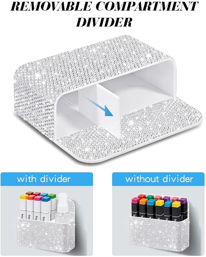Bling Magnetic Marker Holder for Whiteboard Pen Holder for Women Girls Sparkly Gift Desk Organizer with Glitter Rhinestones for Christmas School Office Supplies (White)
