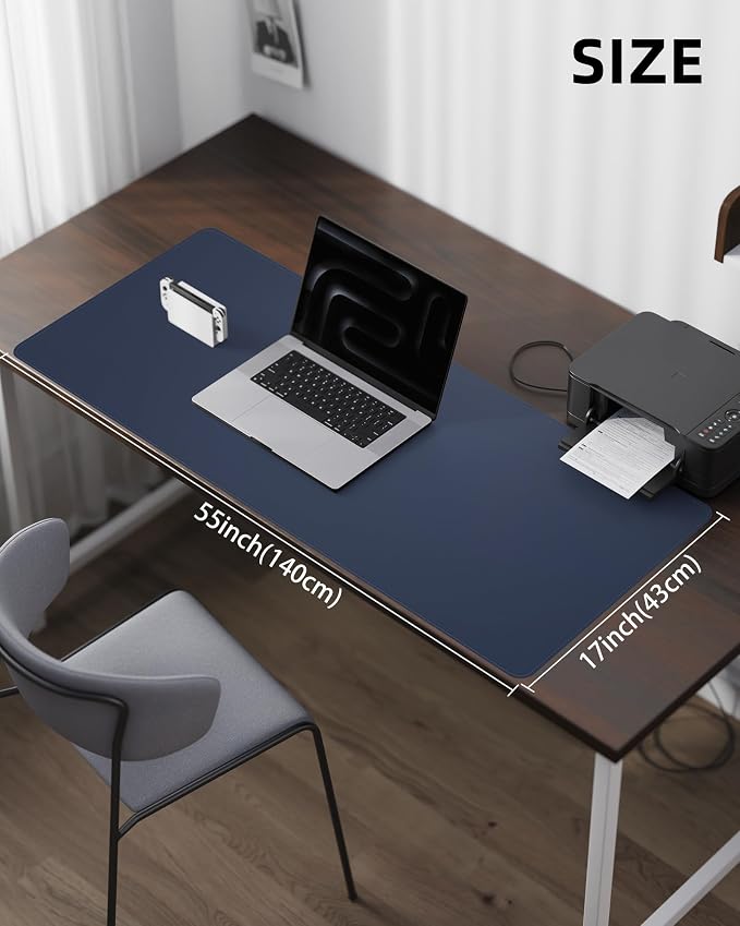AFIING Leather Desk Protector, 55"x17" - Premium Office Mat, Large Mouse Pad, Non-Slip Blotter, Waterproof Writing Pad - Midnight Blue