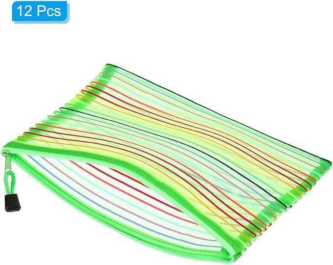 PATIKIL Mesh Zipper Pouch, 12 Pack Nylon A5 Size Pen Pencil Case Document Toiletry Cosmetic Makeup Zipper Travel Pouch Organizer for Office, Green