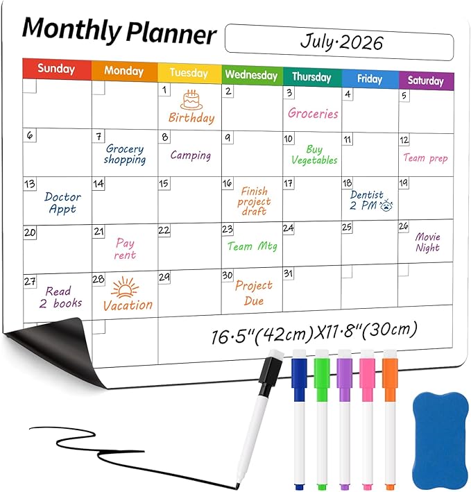 FINDMAG Magnetic Whiteboard for Fridge, 16.5"x11.8" Dry Erase Calendar for Fridge, Monthly White Board Calendar Dry Erase, Planning Boards and Whiteboard Magnetic with 6 Markers & Eraser