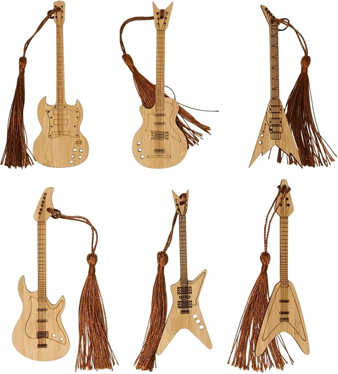 yueton 6PCS Creative Vintage Style Bookmarks Guitar Bass Musical Instruments Bamboo Bookmark with Beautiful Tassels for Office, School, Home, Library and Bookstore Use - with a Gift Box