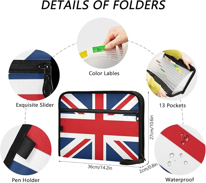 ALAZA British Flag Union Jack London 13 Pocket Expanding File Folder with Labels, Accordion File Folder File Organizer Letter A4 Paper for Office School Student