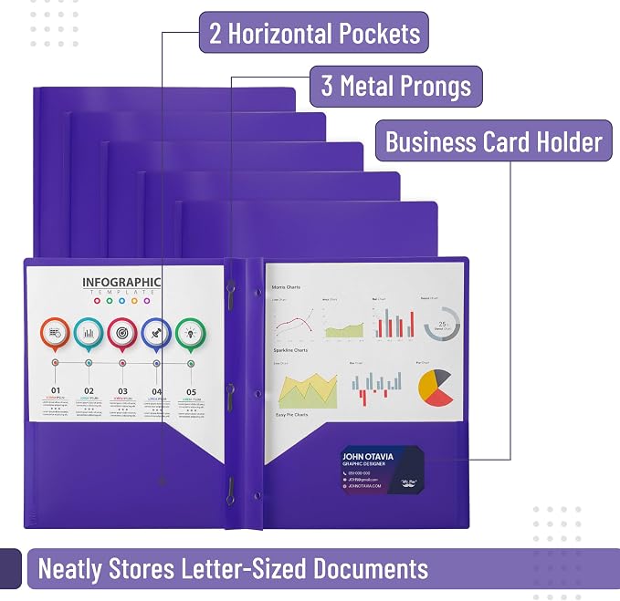 Mr. Pen- Plastic Folders with Pockets and Prongs, 5 Pack, Purple, Pocket Folders, Folders with Prongs, File Folders with Fasteners, 2 Pocket Folder, Folder with Pockets