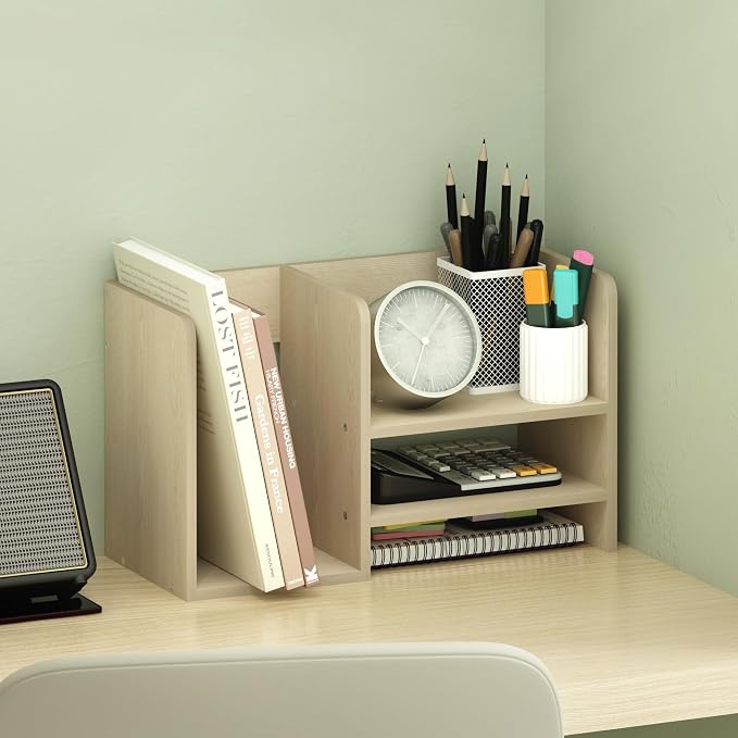 Furinno Hermite Desk Organizers, Office Organization with Accessories and Vertical File Holder, Desktop Book Shelf, for Office Supplies, Desk Accessories, for Study Room, Dorm, Natural Oak