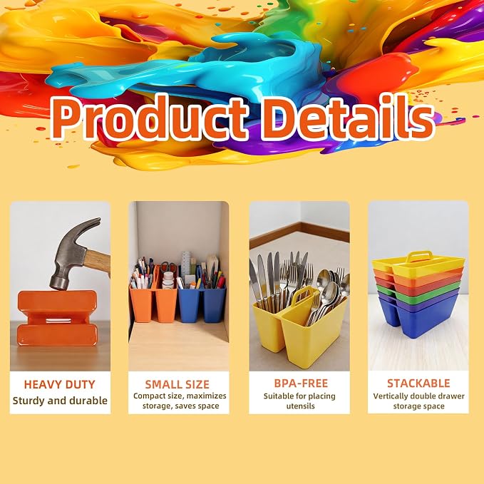 BPA Free 2 Compartment Stackable Desk Organizer, Classroom Caddy, Plastic Office Supply Bin with Handle for Home Office, Kitchen & Small Desk Items, 6 Pack