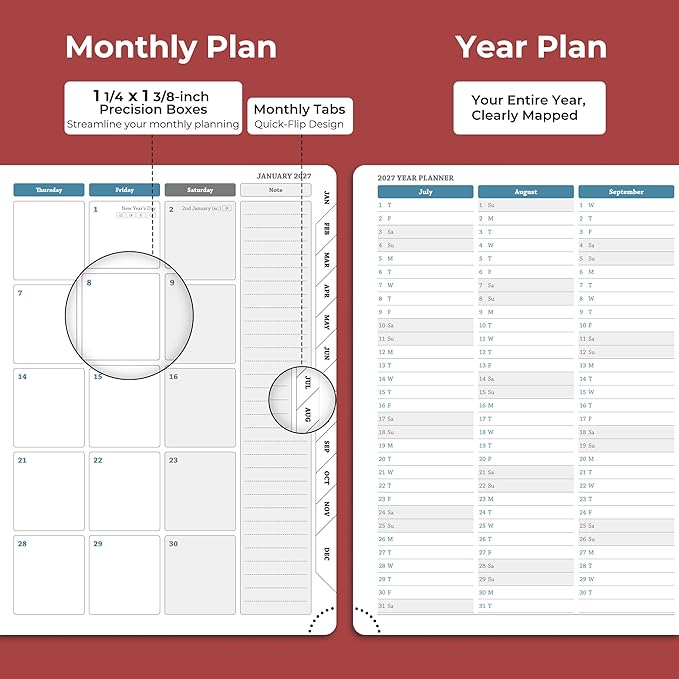 Weekly Monthly 2026-2027 Planner (July 26-Dec 27),8.5"x6.5",18 Months Agenda Plan with Month Tabs & Pocket,Expenses/Note Pages, Academic Calendar with Vegan Leather Cover,Red