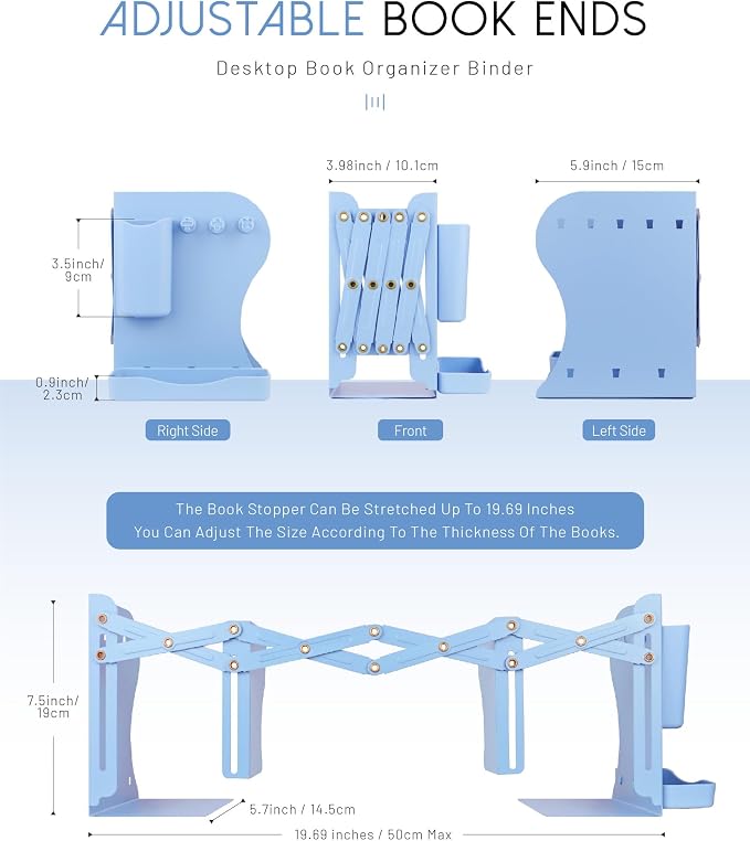 Heavy Duty Bookends Adjustable Book End, Desk Book Holder for Shelves, Book Organizer for Desk, Suitable for Office Home School (19.69 inches Max) (Light Blue)