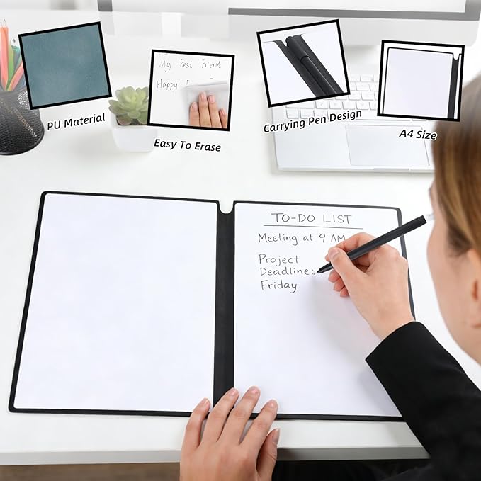 A4 Portable Whiteboard Notebook,12" x 9" Double Sided Dry Erase Board with Two Pens,Folding Reusable Writing Pad for Office Meetings,School,Planning,Travel,PU Cover(Light Cyan)