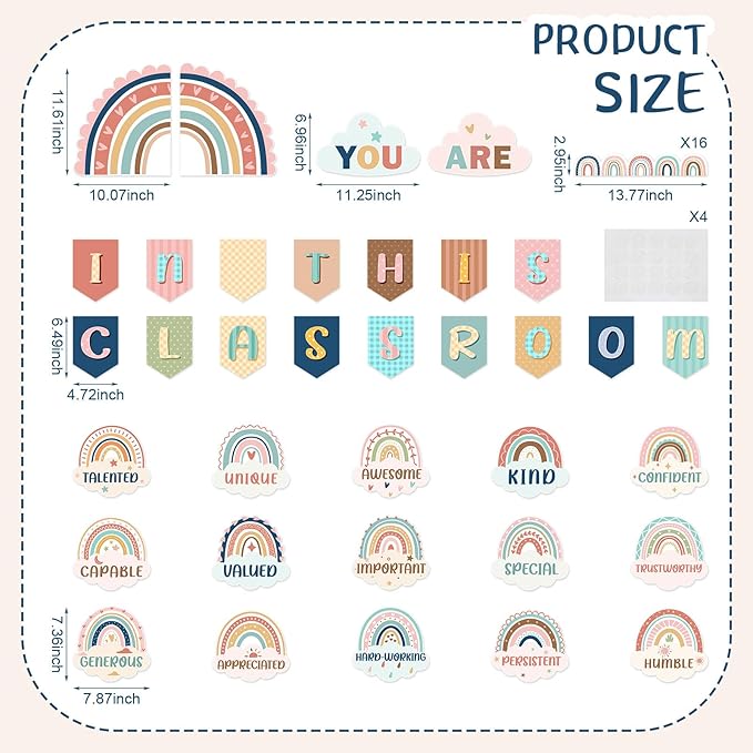 Dispowreath 51 Pcs Boho Inspirational Bulletin Board Set Rainbow Bulletin Board Border Boho Motivational Cutouts for Back to School Chalkboard Wall Classroom Decoration