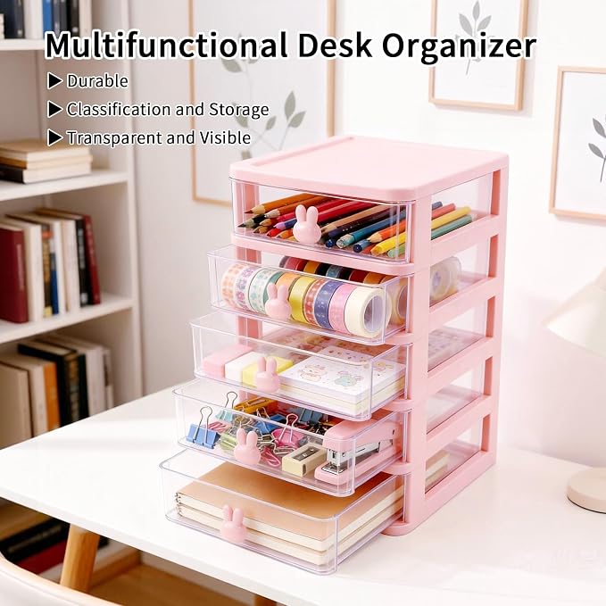 CEYAZYE Small Desk Organizer with Drawer, Stackable Makeup Organizer White, Mini Plastic Storage Box for Desktop, Bathroom Counter or Dresser, School, Home, Office (Pink-3 Tier)