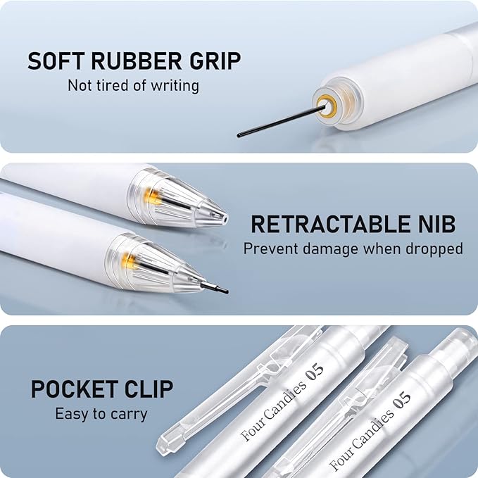 Four Candies Cute Mechanical Pencil Set with Case - 3PCS Pencils 0.5mm with 180PCS HB Lead Refills, 3PCS Erasers, 9PCS Eraser Refills, White Clear Mechanical Pencil for Students Drawing, Writing