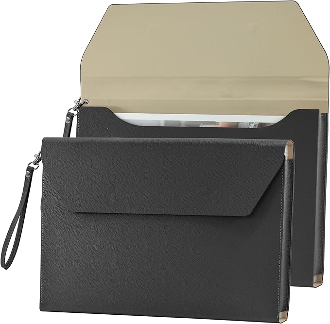 VANRA Expanding File Folder Organizer PU Leather Document Holder File Pocket Envelope Portfolio Bag with Hand Strap and Magnetic Closure for A4 Letter Size Paper (Black)