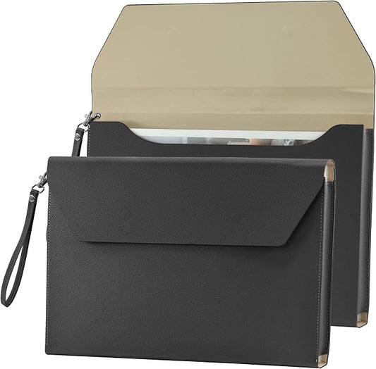 VANRA Expanding File Folder Organizer PU Leather Document Holder File Pocket Envelope Portfolio Bag with Hand Strap and Magnetic Closure for A4 Letter Size Paper (Black)