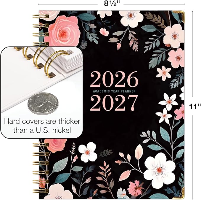 HARDCOVER Academic Year 2026-2027 Planner: 14 Months (May 2026 Through June 2027) 8.5"x 11" Daily Weekly Monthly Planner Yearly Agenda. Bookmark, Pocket Folder and Sticky Note Set (Black Floral Pink)