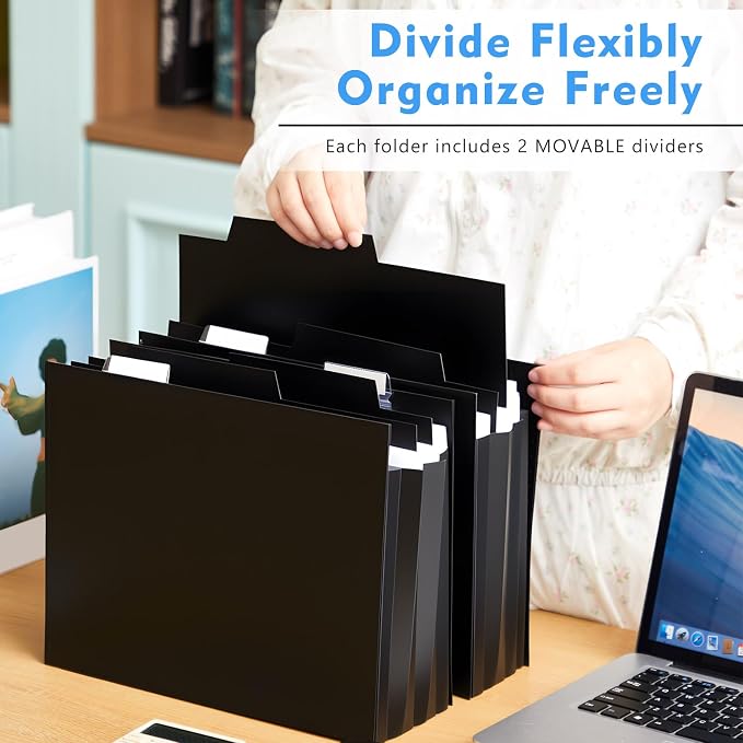 10 Pcs Plastic Extra Capacity Hanging File Folders, 5 Inch Expanding Pocket with Movable Dividers, Letter Size Black File Folders with Insertable Tabs for Filing Cabinet