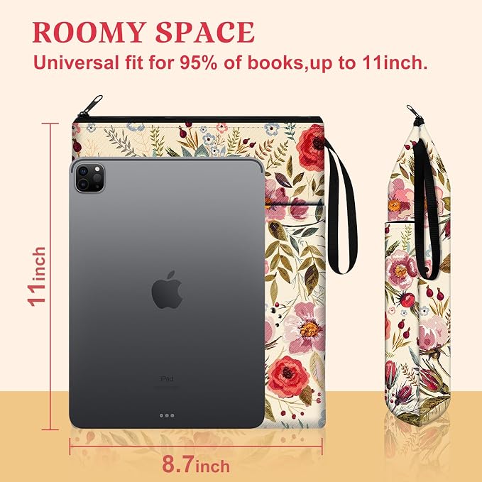 Slohif Book Sleeve Pouch Book Cover Protector with Zipper Cute Book Beau Booksleeve Small Large Retro Flowers Pouches for Paperback HardBook Cover Reading Accessories for Students Women Readers