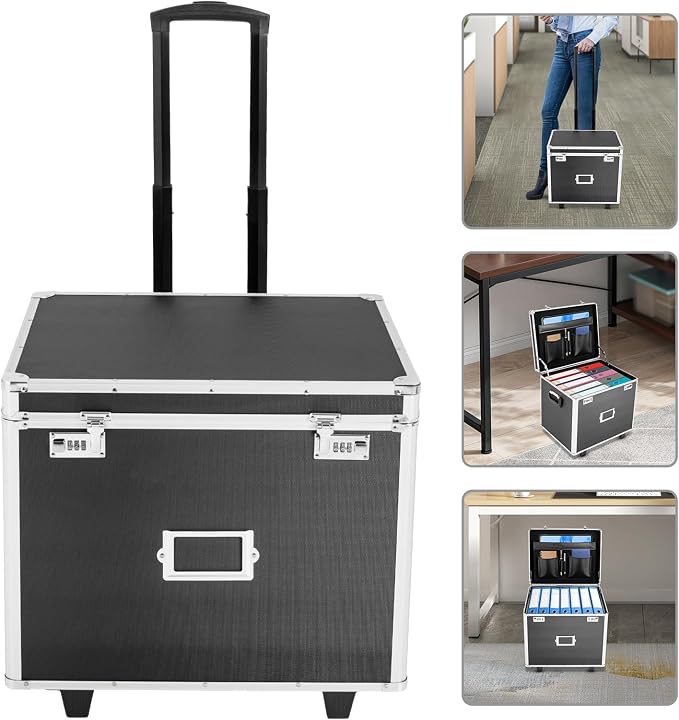 Aluminum Alloy File Organizer Box Mobile Document Box with Wheels, Hand Pull Locking File Case File Cabinet for Home Office Hospitals Banks School (Black)