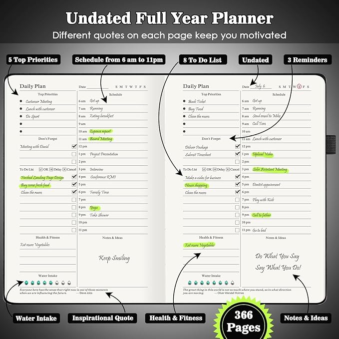 Daily Planner Undated, Planners 2026-2027, 365 Day Planners, Work Planner for Men, Hourly Planner Notebook for Goal Setting, Appointment Agenda, Hardcover, Start Anytime, A5, Black