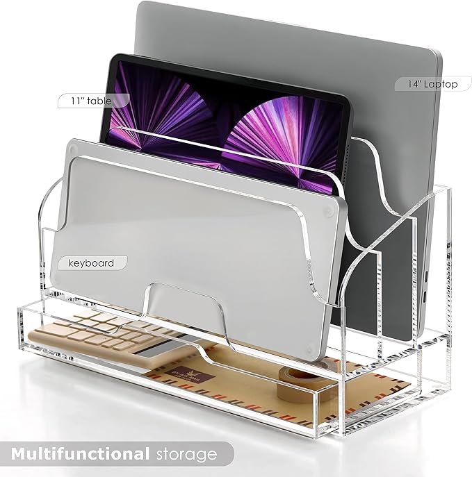 SANRUI Clear Desk Organizer Holder with Drawers, Acrylic Desktop Manila folders File Mail Sorter Box, Office Desk Accessories & Workspace Envelope Bill Letter Organization Racks, 3 Compartments