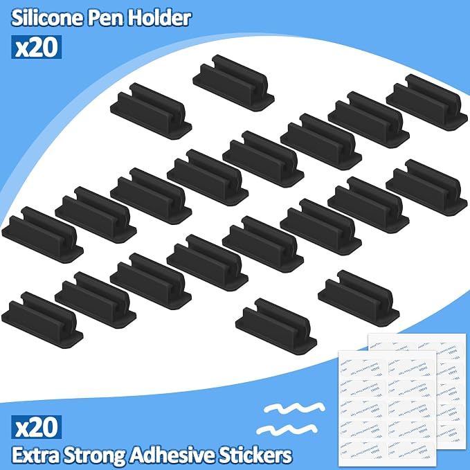 BOBOKA 20Pcs Pencil Holder for Desk, Adhesive Pen Holder for Classroom Clipboard Attachment, Silicone Pencil Holder & Marker Holder for School Office Desk Accessories, Teacher Supplies