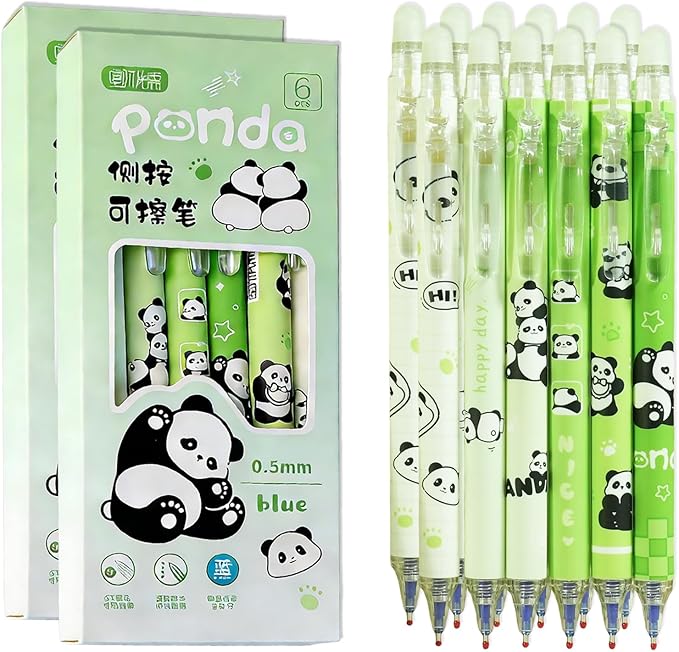 12-Pack Cute Erasable Pens, 0.5mm Fine Tip Blue Ink Retractable Pen, Adorable Capybara Stationery Set, Ideal for Office, School, Women and Men(Blue Ink - Panda)