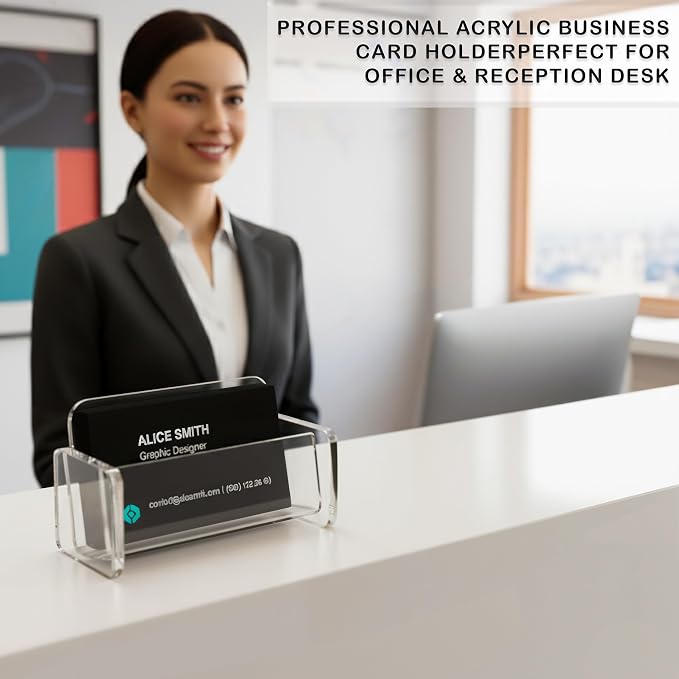 Acrylic Business Card Holder | Clear Business Card Organizer for Horzontal Cards | Plastic Business Card Display for Desk Organization | Office Desk Accessories