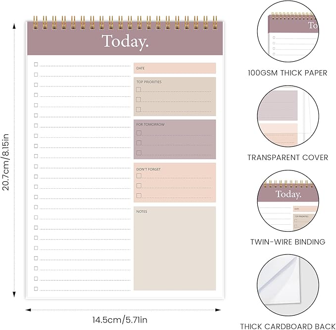 KMQOY To Do List Notepad - Daily Planner Pad Undated 52 Sheets Spiral Today Planner Note Pad Premium Thick Paper 6.5" x 9.8" For Work and Personal Organized - brown
