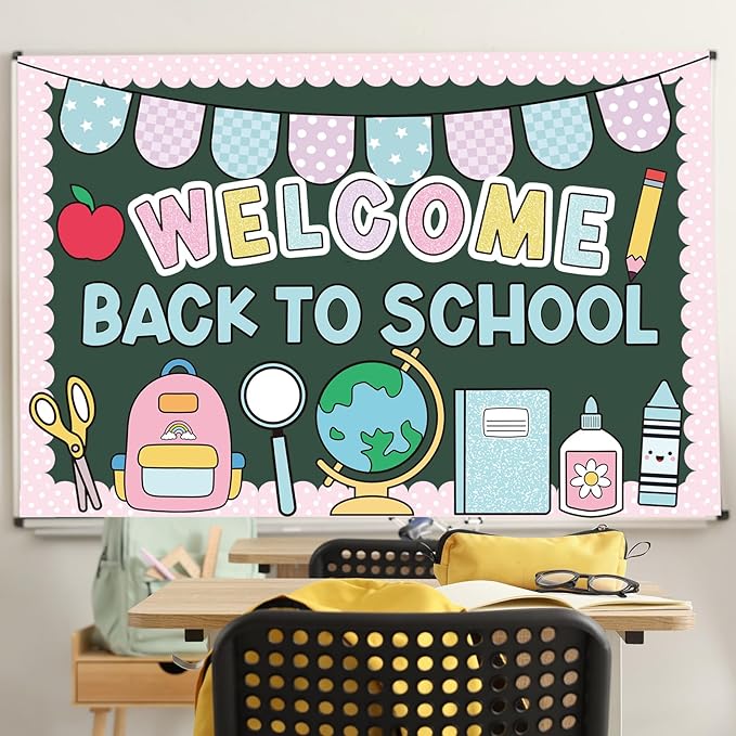 Kinlop First Day of School Bulletin Board Welcome Back to School Classroom Bulletin Board Set Pastel Pencil Notebook Schoolbag Paper Cutouts for Chalkboard Wall Decor for Teacher Preschool Elementary