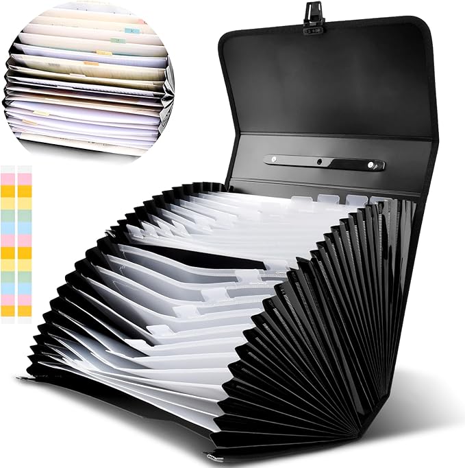 26 Pockets Accordion File Organizer with Lock & Handle, Waterproof Expanding File Folder with Labels, for Letter A4 Bills Receipts Home Office School