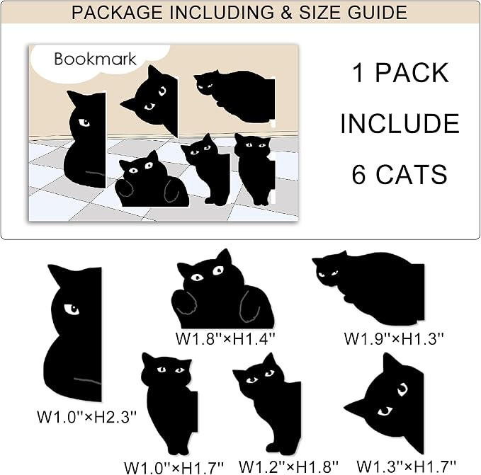 SONAME Magnetic Bookmarks - 6 Pcs Black Cat Bookmark, Cute Book Markers Clip Set, Gift for Book Lovers Women Teacher Reading, Bookish Gifts Office School Item - Teacher Appreciation Gift