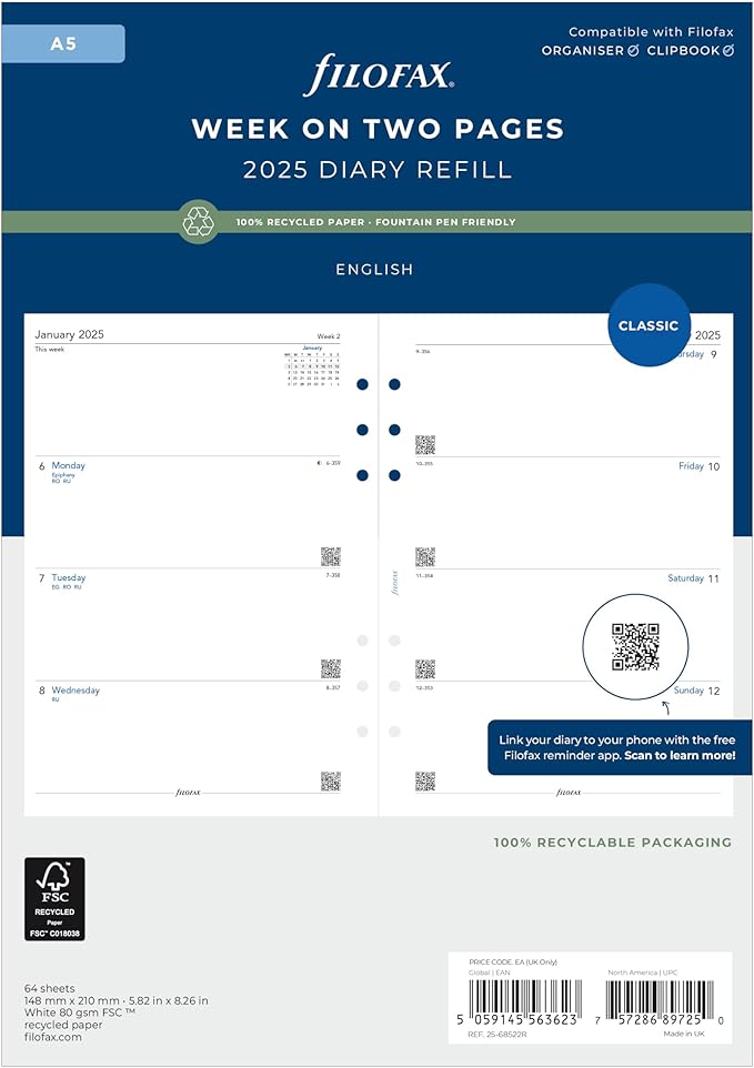 Filofax Calendar Diary Refill, A5 Size, Week-to-View, White Paper, Unruled, English, 2025 (C68522R-25)