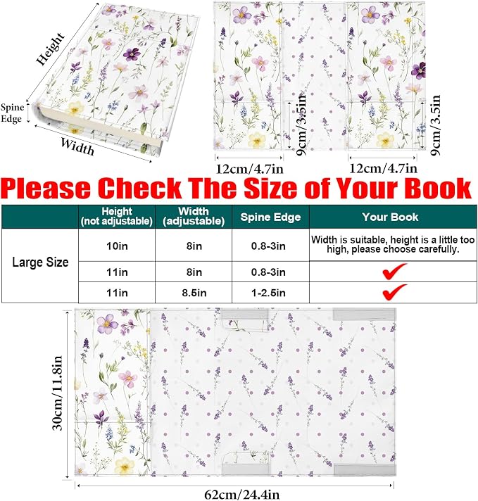 Book Cover Protector for Paperback,Adjustable Soft Canvas Fabric Book Cover with Pocket Bookmark,Double Side Print Book Dust Jacket Covers for Hardcover Book Lovers Gift White Floral L