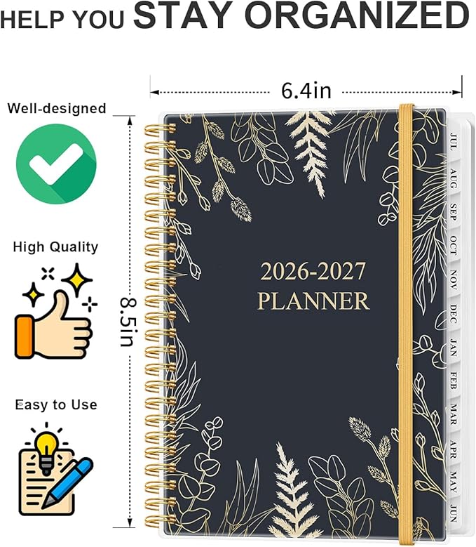 Academic Planner 2026-2027 - Weekly & Monthly Planner from July 2026 to June 2027, Agenda 2026 2027 with Inner Pocket, Elastic Band, 6.4" x 8.5", White Gold Leaf