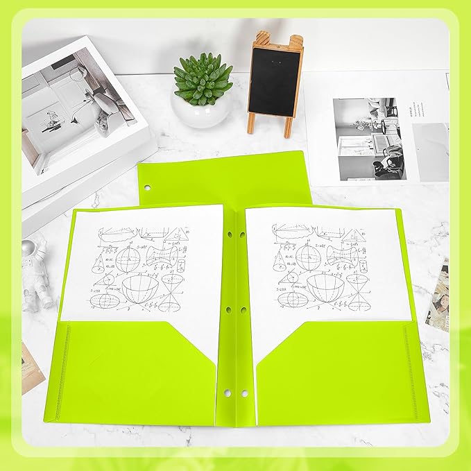 Yeaqee 50 Pcs Plastic Folders with Pockets Bulk 3 Hole Punched 2 Pocket File Folders for 3 Ring Binder Divider Folder for Notebooks, Durable Poly for Office Home (Fluorescent Green)
