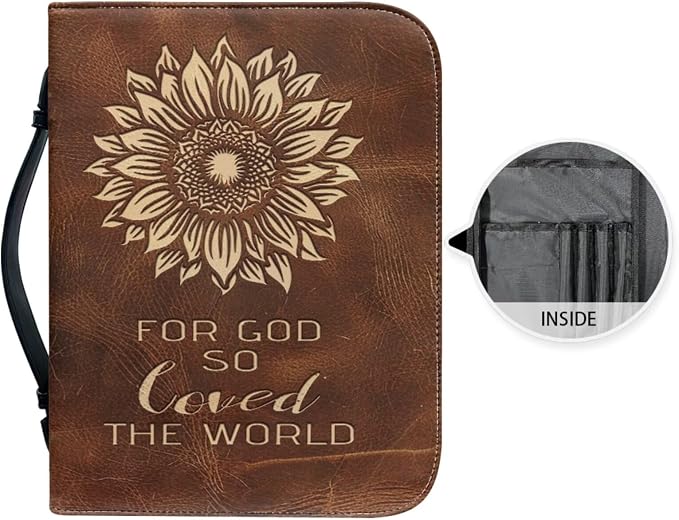 Retro Style Cross Sunflower Bible Case with Bookmark Waterproof Bible Cover Case for Women Lightweight Bible Bag with Handle Pockets Church Book Bag Brown