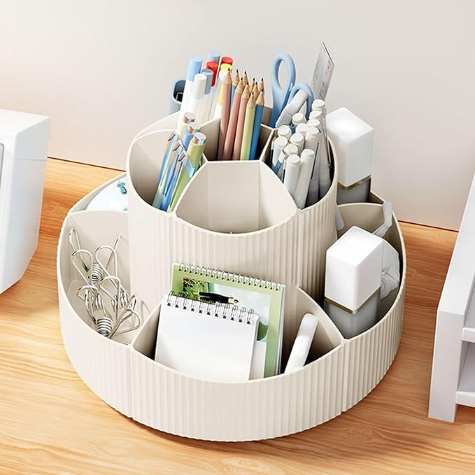 Desk Organizer, 11 Slots 360-Degree Rotating Pencil Pen Holder for Desk, Desktop Storage Pen Organizers Stationery Supplies, Art Supply Storage Box Caddy for Office, Home (Beige)