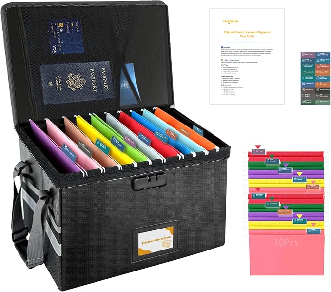 Large Next of Kin Box Organizer with Smart Labels, Fireproof Foldable File Organizer with Combination Lock, 10 Hanging Files and 20 Category Labels for Label Documents(15.7"L×12.2"W×10.6"H)