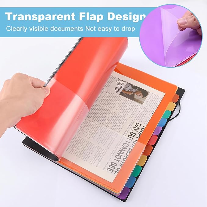 1 Pack Expanding File Folder with 12 Pockets: A4 Accordion Document Organizer with Elastic Closure & Rainbow Tabs, Portable PP Plastic File Holder for Office, School, Home (Black-1 Pack)