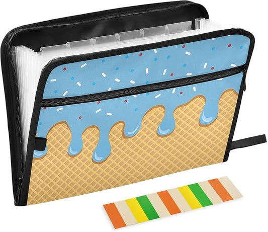 Expanding File Folder Blue Ice Cream Drip Accordion File Organizer 13 Pockets Document Organizer with Zipper Labels A4 Letter Office Storage