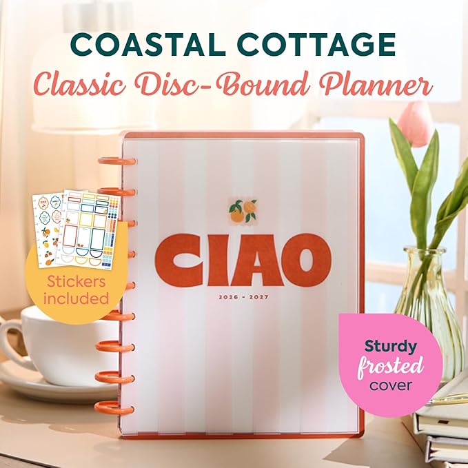 Happy Planner Disc-Bound Planner July 2026–June 2027, Includes 3 Extra Months and 2 Sticker Sheets, Classic Size, 7" x 9.25", Horizontal Layout, Coastal Cottage