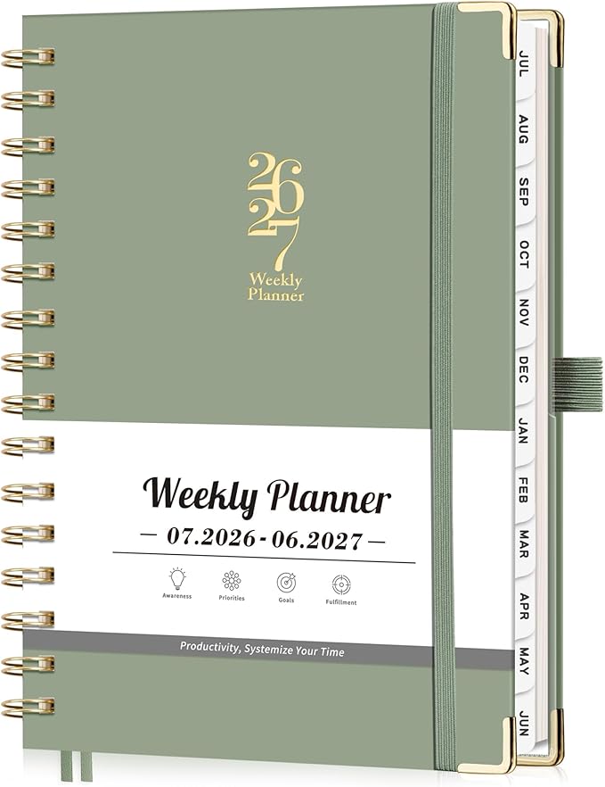 Academic Planner 2026-2027, Weekly and Monthly, A5 Size (5.7" x 8.3"), July 2026 - June 2027, Agenda 2026-2027 for Tracking, for School, Home, Office, Hardcover, 12-Month Tabs (Light Green)